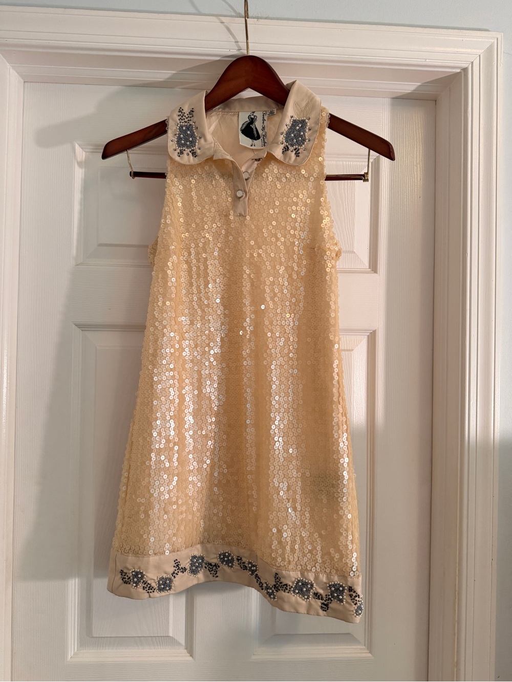 Twelve by Twelve Champagne Sequin A-Line Dress with Embellished Collar